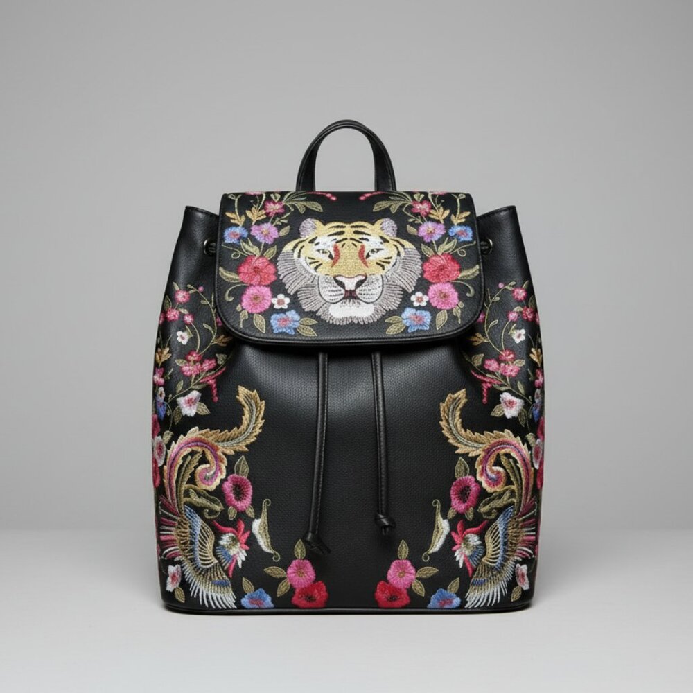 Accessorize Embroidered Tiger Floral Backpack Women Purse